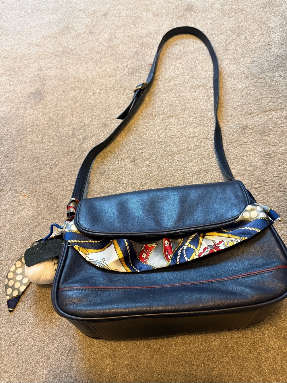 Navy blue Leather Shoulder Bag with Patterned Scarf Accent - Picture 7 of 11